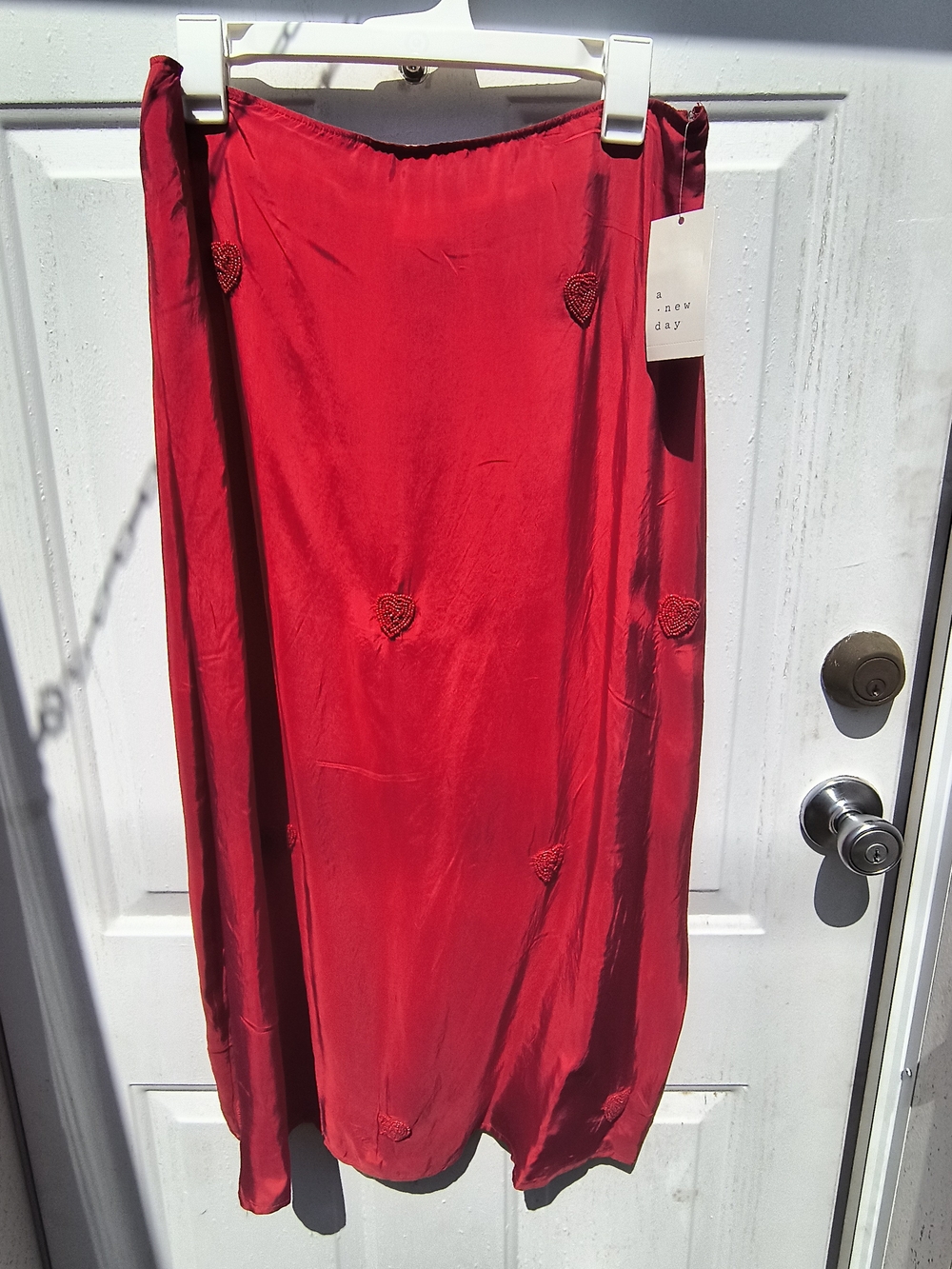 a new day Bright Red Maxi Skirt with Heart Beading Appliqués
